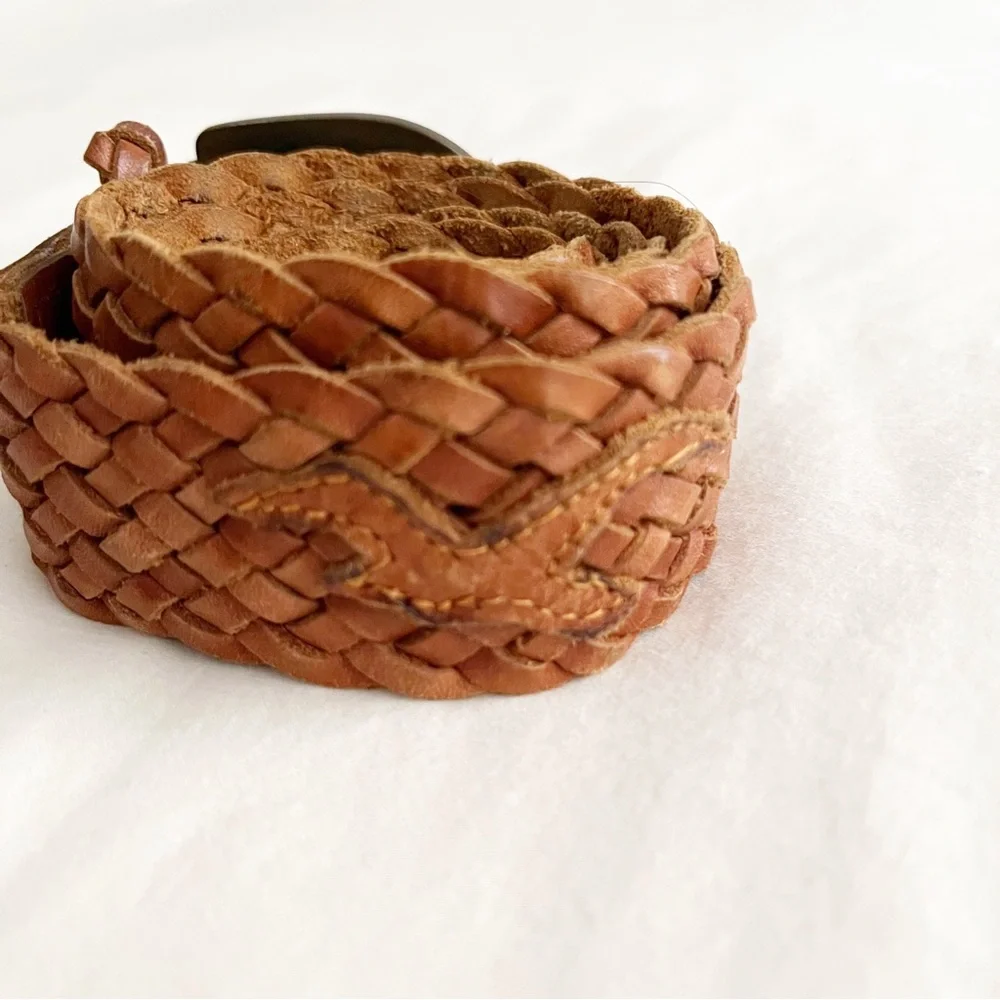 Hollister Woven Braided Leather Belt Women XS S Brown Brass Buckle Vintage